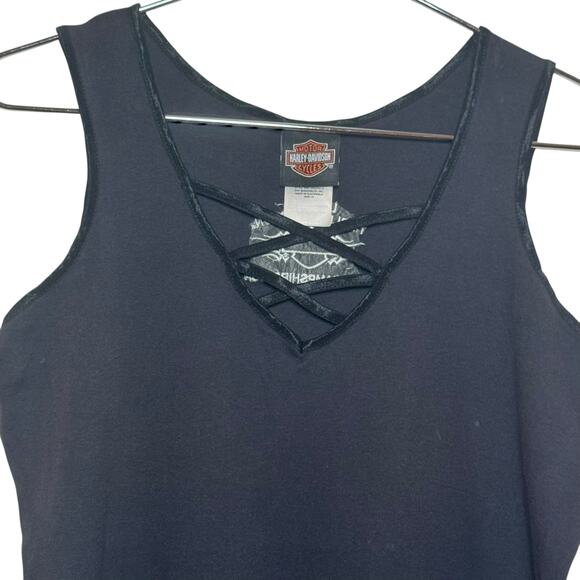 Vtg Harley Davidson Plus Size 1X Black Lace Up Front Bling Tank Top Laconia HD - Picture 3 of 7